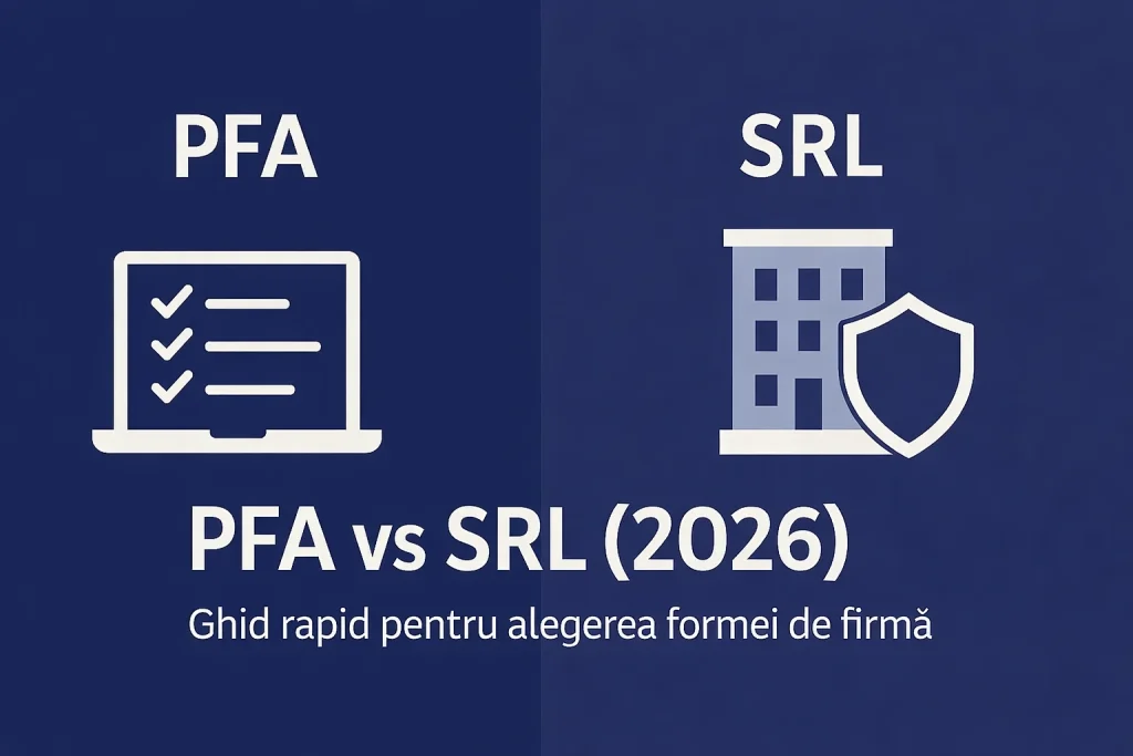 Infografic comparativ PFA vs SRL în 2026, ghid pentru alegerea formei de firmă