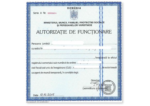 Autorizație de funcționare ca agent de muncă temporară emisă de Ministerul Muncii din România