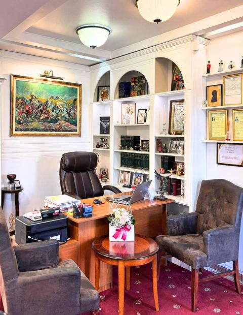 Birou elegant pentru consultanță juridică și înființări firme, cu bibliotecă și documente diplome expuse