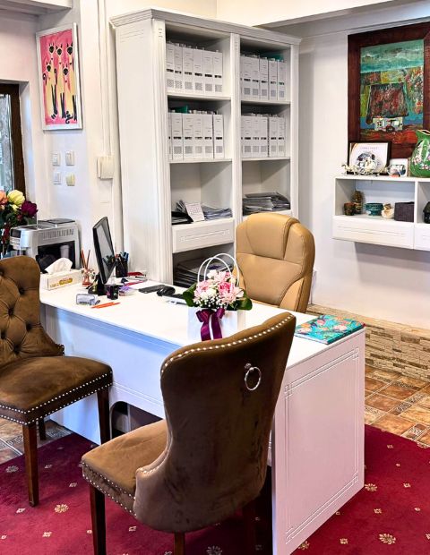 Birou de primire clienți în firmă de consultanță juridică, organizat cu mobilier clasic și dosare